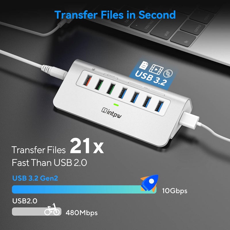 intpw Powered USB Hub 10Gbps, Aluminum 7 Port USB 3.2 Data Hub with 4 USB 3.2 Gen 2 Ports, 3 Fast Charging Ports, 36W Power Adapter, Type A & C Cable for Mac, PC, Laptop - Image 3